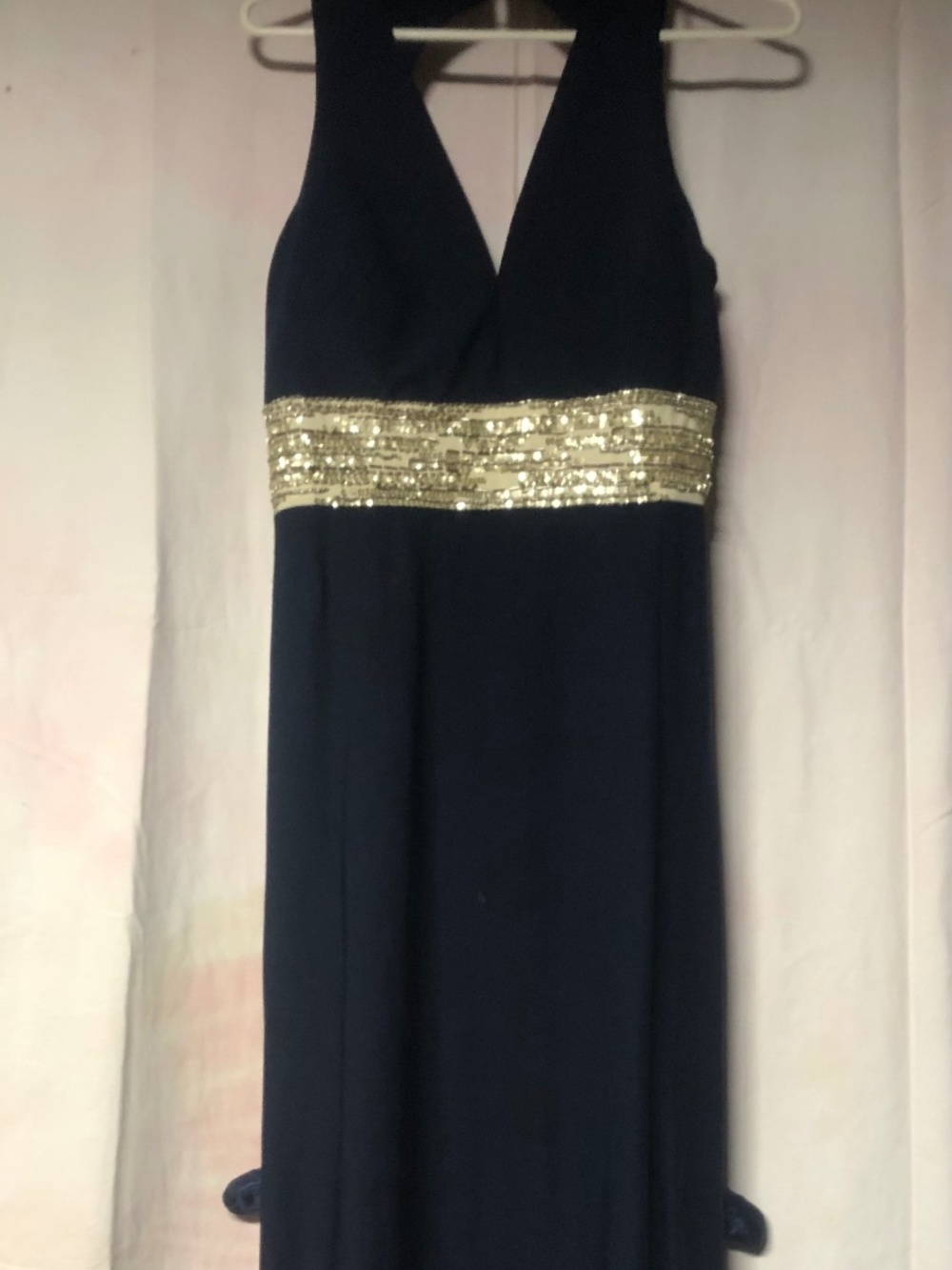 Carmen Marc Valvo Collection Dark Navy Matte Jersey Gown with Gold Beaded Empire